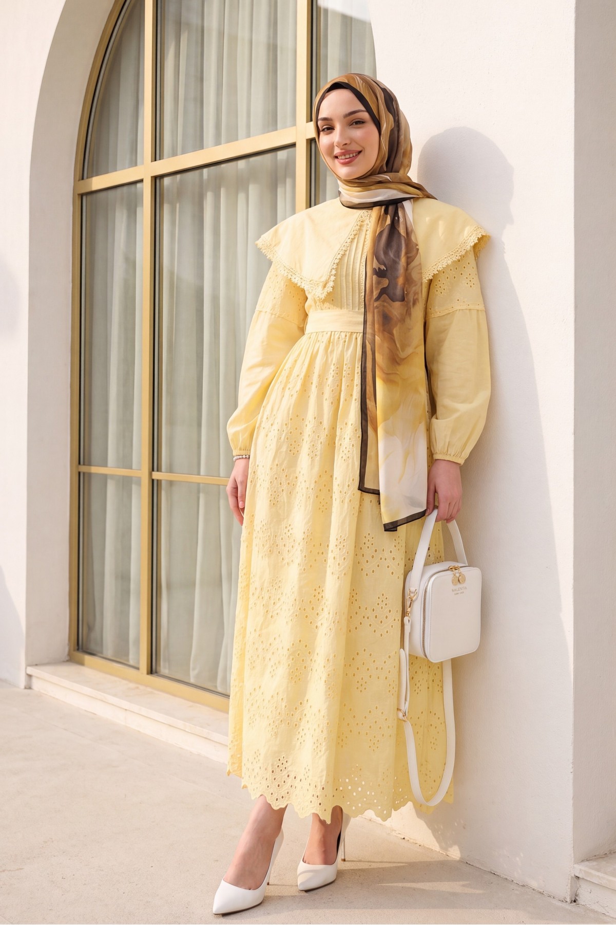Cape Collar Lace Detail Dress -Yellow