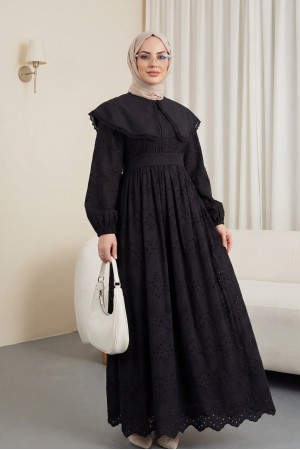 Pelerin Yaka Dantel Detaylı Elbise  -Siyah