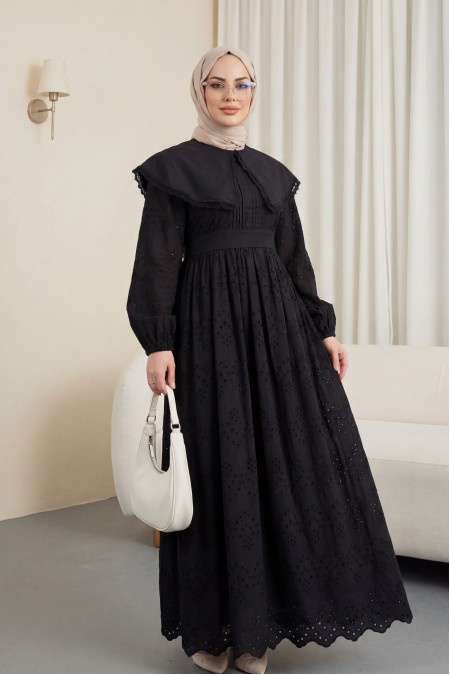 Pelerin Yaka Dantel Detaylı Elbise  -Siyah