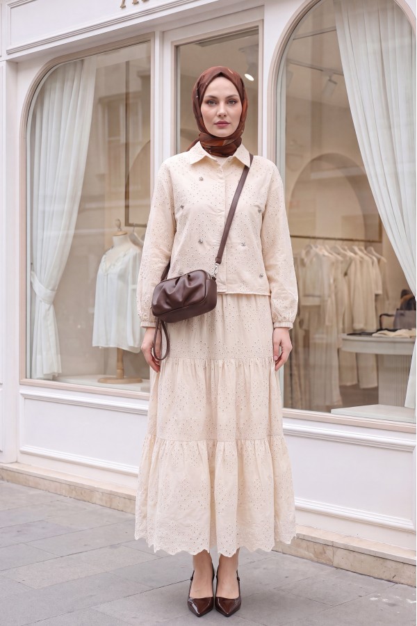 Skirted Suit with Scallop Detail - Beige