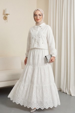 Fisto Detaylı Etekli Takım -Beyaz
