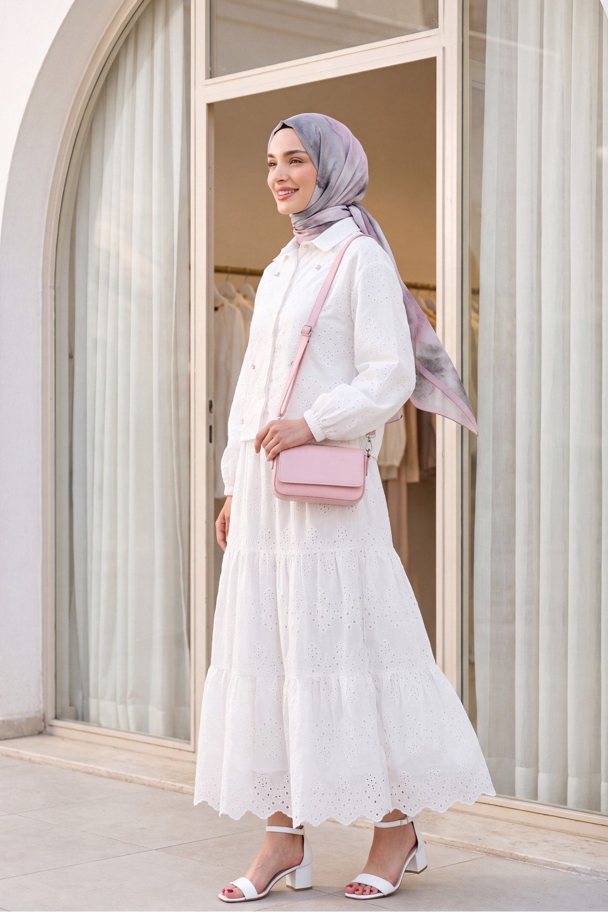 Skirted Suit with Scallop Detail -White