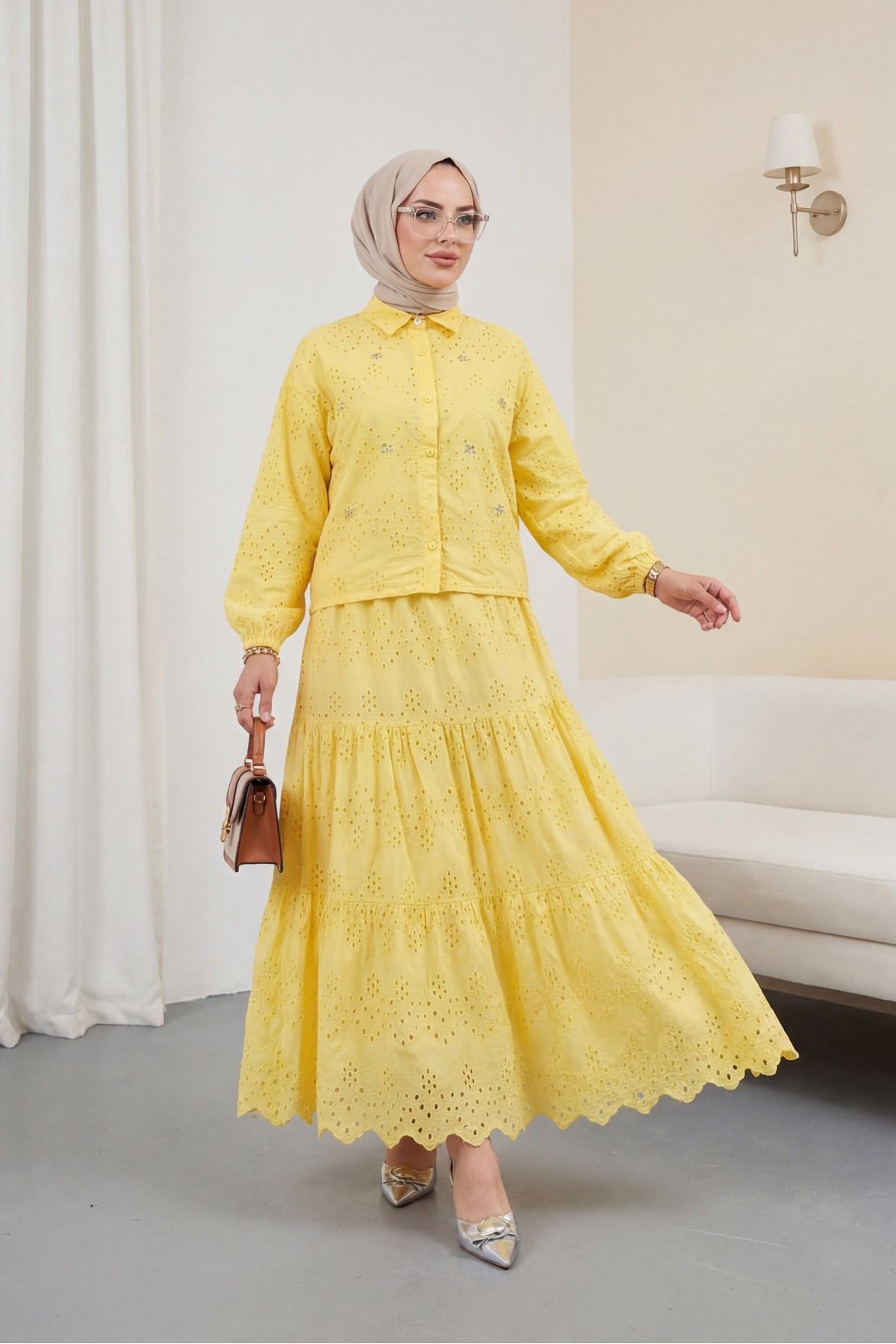 Skirted Suit with Scallop Detail -Yellow