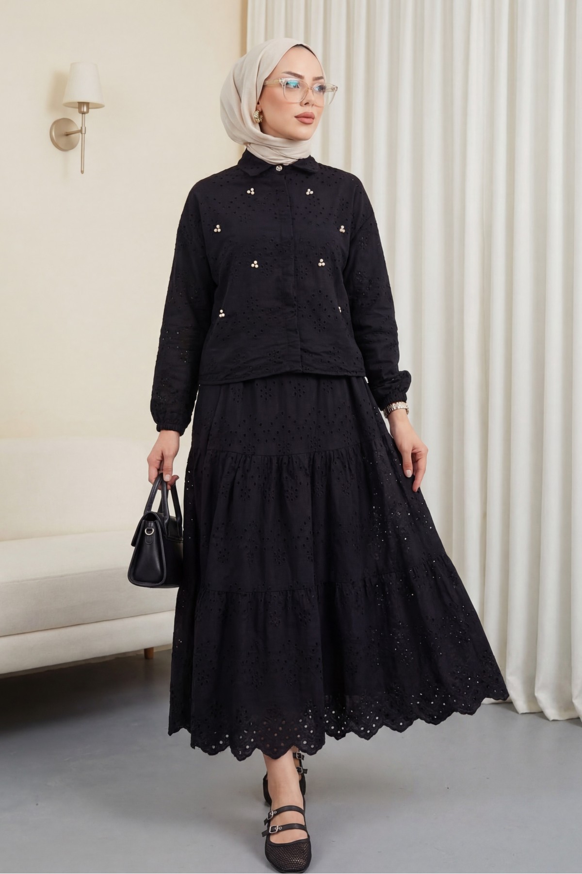 Skirted Suit with Scallop Detail -Black