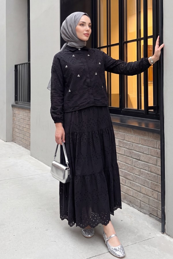 Skirted Suit with Scallop Detail -Black