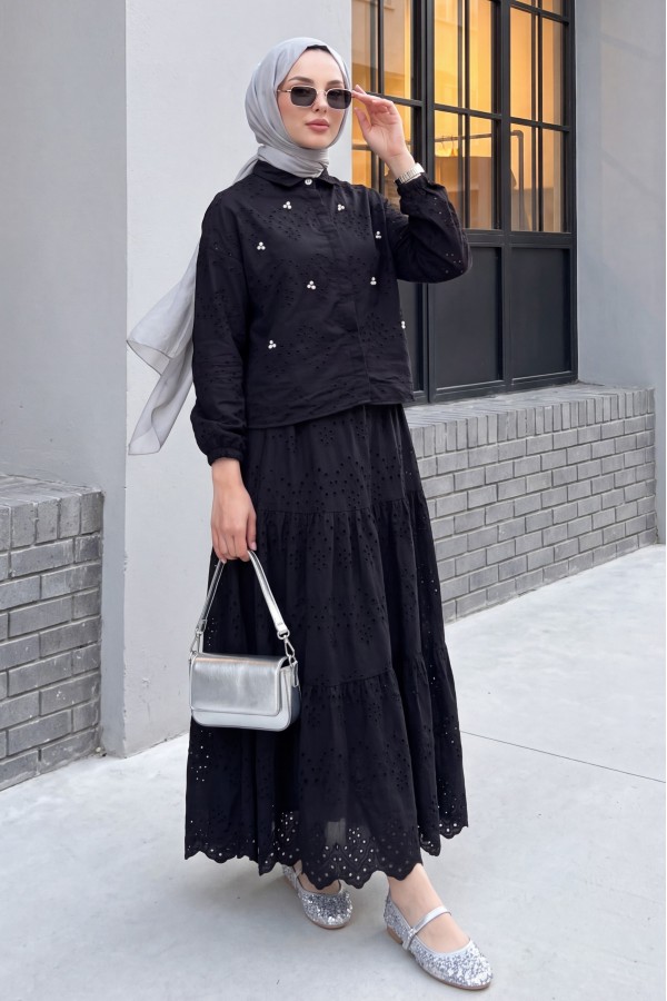 Skirted Suit with Scallop Detail -Black
