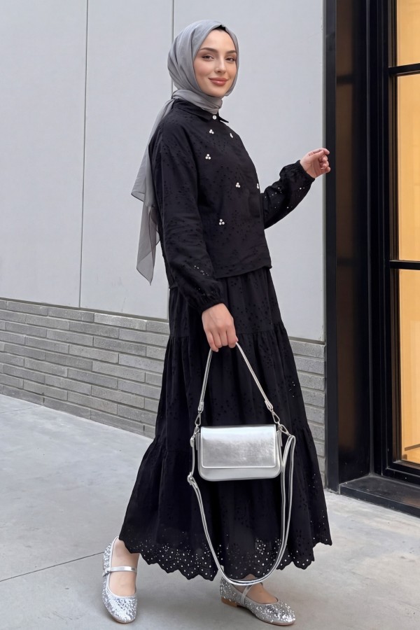 Skirted Suit with Scallop Detail -Black