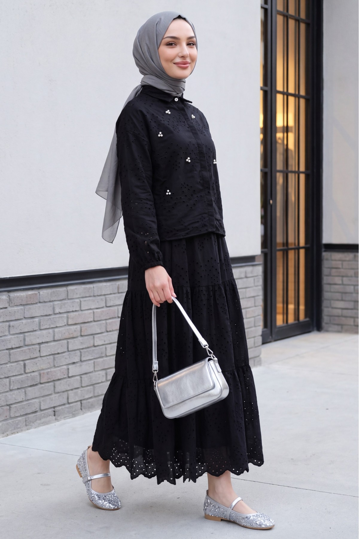 Skirted Suit with Scallop Detail -Black