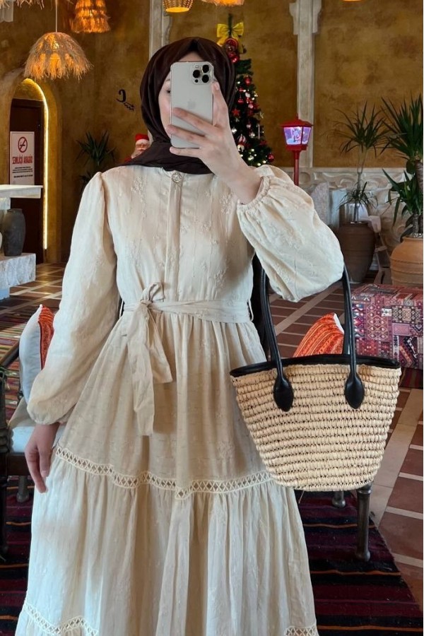 Ruffled Lace Strip Detail Dress - Beige