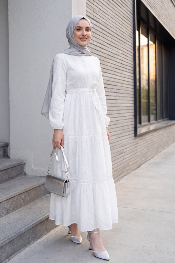 Ruffled Lace Strip Detail Dress -White