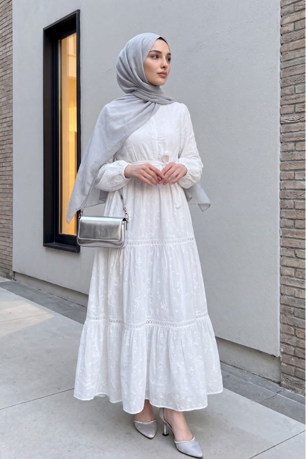 Ruffled Lace Strip Detail Dress -White