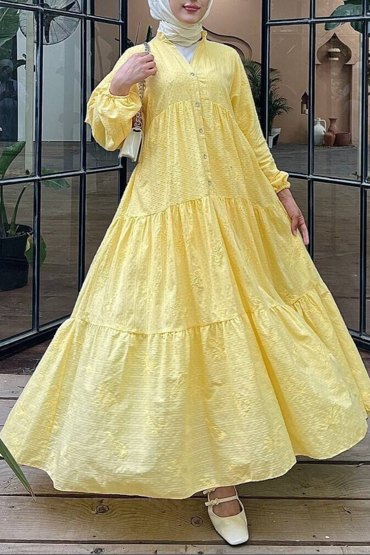 Button Detailed Dress -Yellow