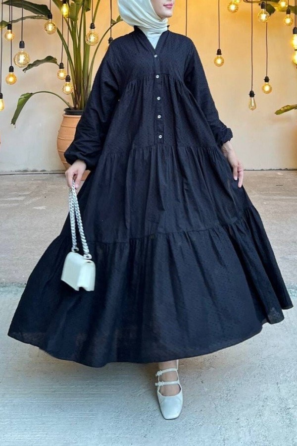 Button Detailed Dress -Black