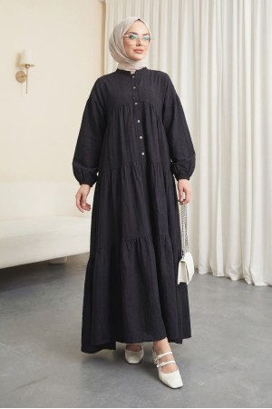 Parçalı Düğme Detaylı Elbise -Siyah