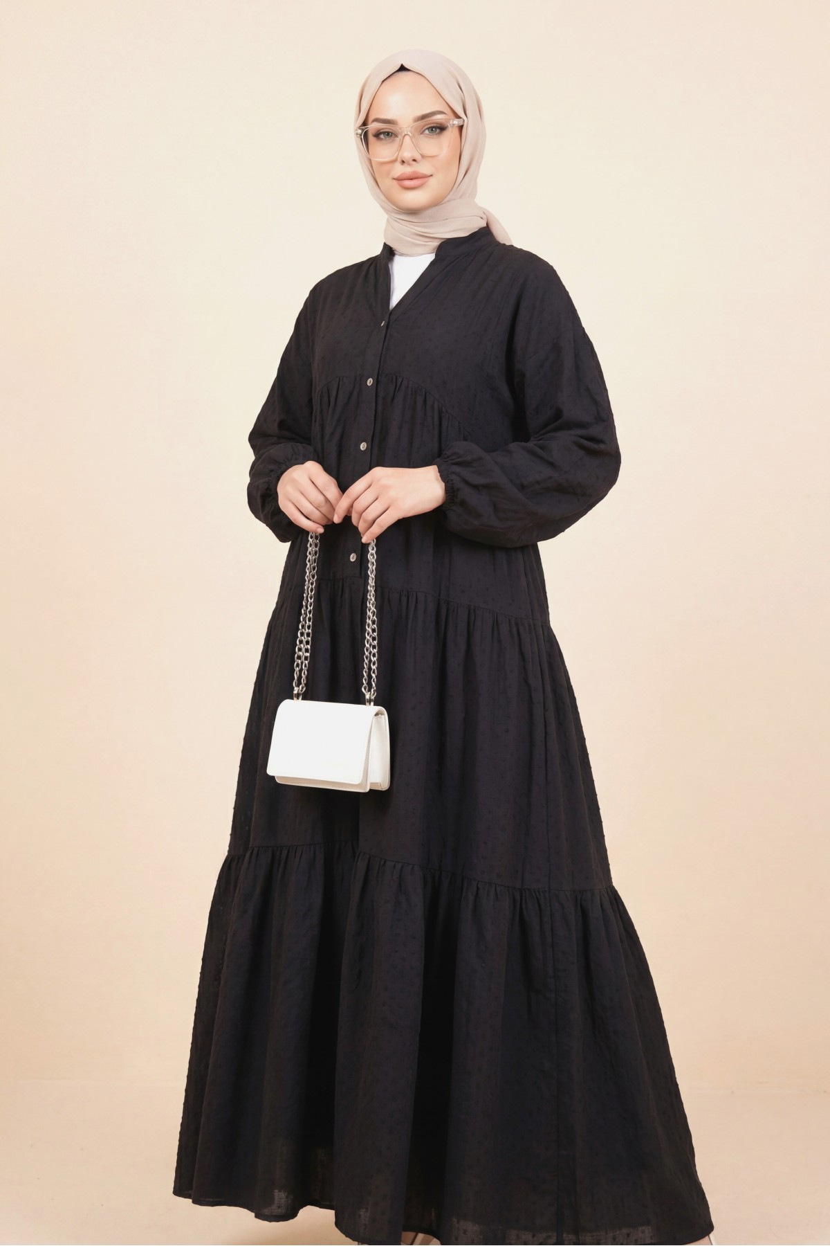 Button Detailed Dress -Black