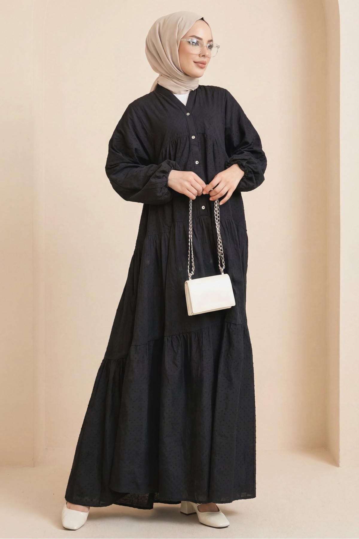 Button Detailed Dress -Black