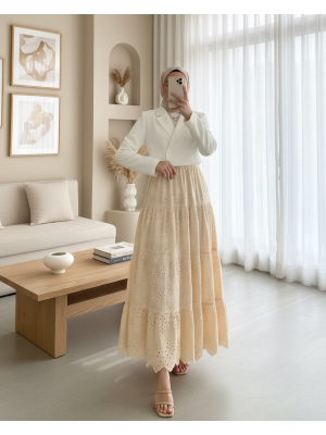 Fisto İşlemeli Katlamalı Etek -Bej
