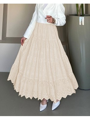 Folded Skirt with Scallop Embroidery - Beige