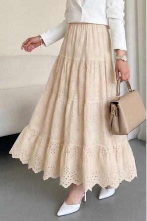 Fisto İşlemeli Katlamalı Etek -Bej