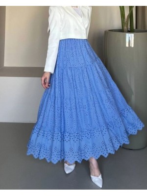 Fisto İşlemeli Katlamalı Etek -Mavi