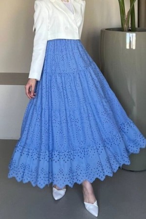 Fisto İşlemeli Katlamalı Etek -Mavi
