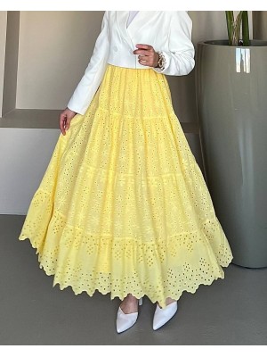 Fisto İşlemeli Katlamalı Etek -Sarı