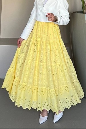 Fisto İşlemeli Katlamalı Etek -Sarı