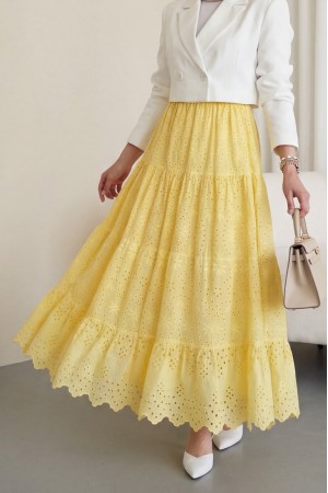 Fisto İşlemeli Katlamalı Etek -Sarı