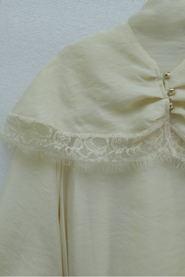 Imported Ibiza Dress with Lace Detail, Cape, Belt, and Lining. - Beige