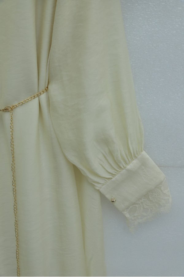 Imported Ibiza Dress with Lace Detail, Cape, Belt, and Lining. - Beige