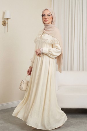 Dantel Detaylı Pelerinli Kemerli Astarlı İthal İbiza Elbise -Bej