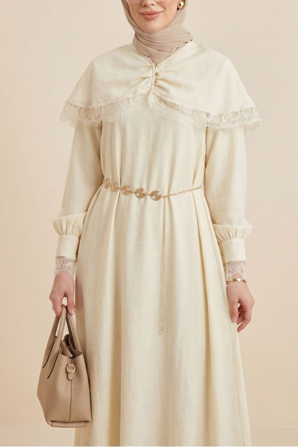 Imported Ibiza Dress with Lace Detail, Cape, Belt, and Lining. - Beige