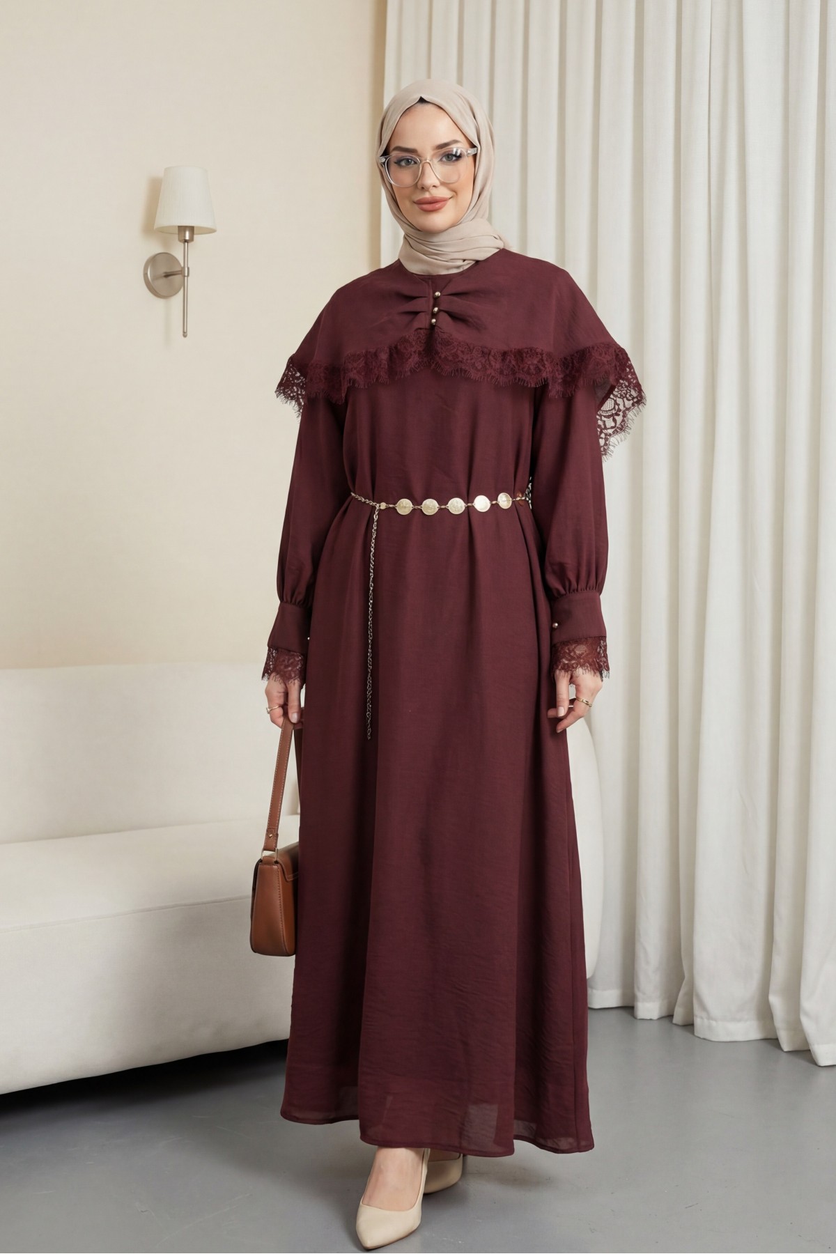 Imported Ibiza Dress with Lace Detail, Cape, Belt, and Lining. -Dark Bordo