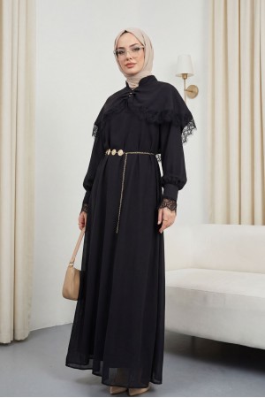 Dantel Detaylı Pelerinli Kemerli Astarlı İthal İbiza Elbise -Siyah
