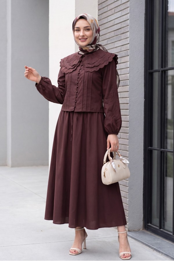 Geniş Yakalı Bağlamalı Kolu Lastikli Eteği Astarlı Poplin Takım  -Bordo