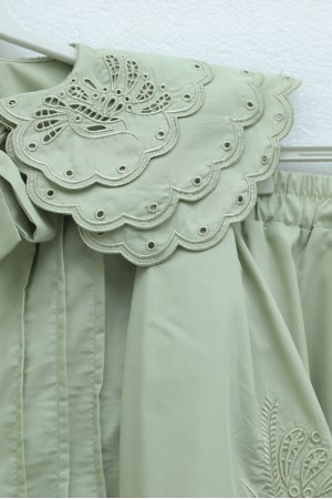 Wide-necked, tie-up sleeve, elasticated hem, lined poplin set. -Cagla Green