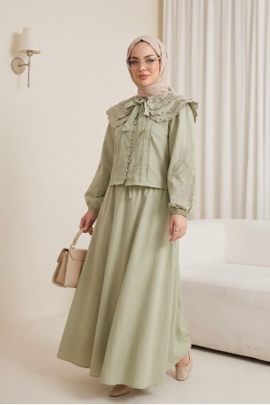 Wide-necked, tie-up sleeve, elasticated hem, lined poplin set. -Cagla Green