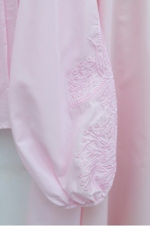 Geniş Yakalı Bağlamalı Kolu Lastikli Eteği Astarlı Poplin Takım  -Pembe