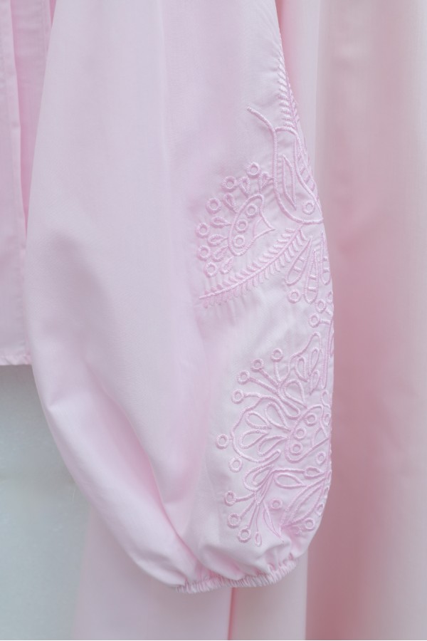 Wide-necked, tie-up sleeve, elasticated hem, lined poplin set. -Pink