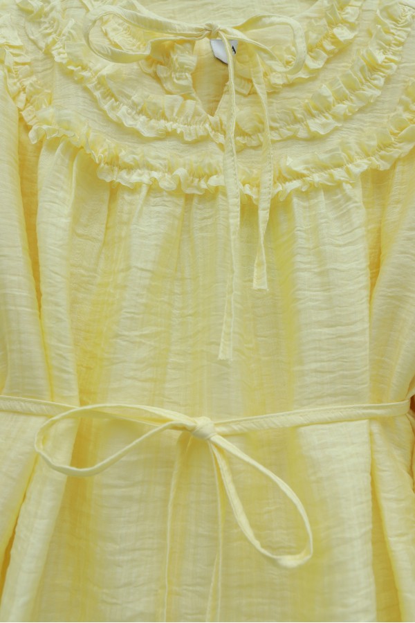 Cupra Suit with Tie Collar, Belt, Lined, and Ruffles -Light yellow