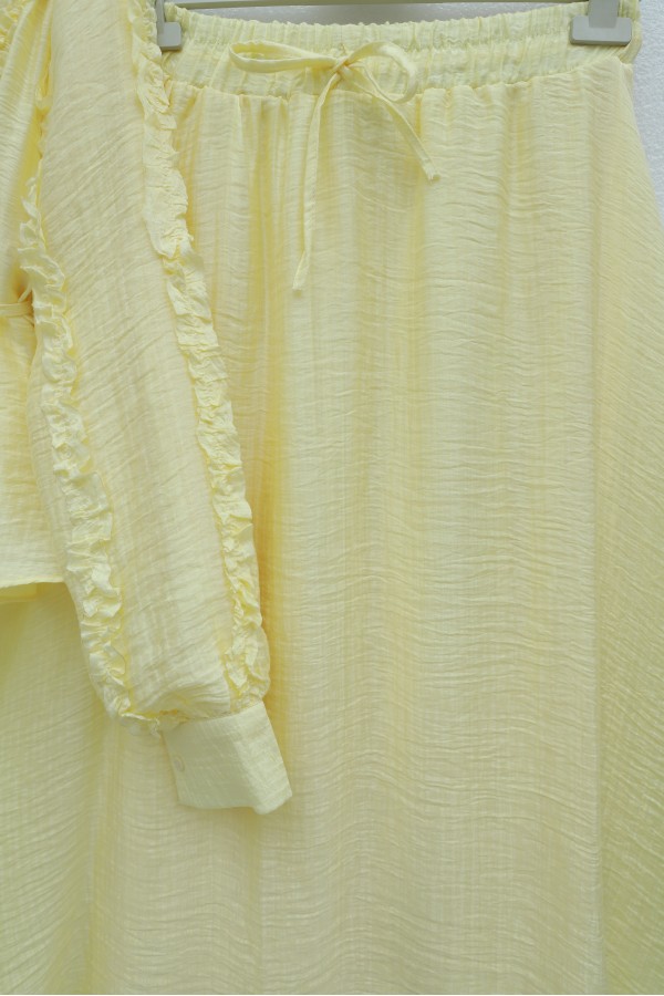 Cupra Suit with Tie Collar, Belt, Lined, and Ruffles -Light yellow