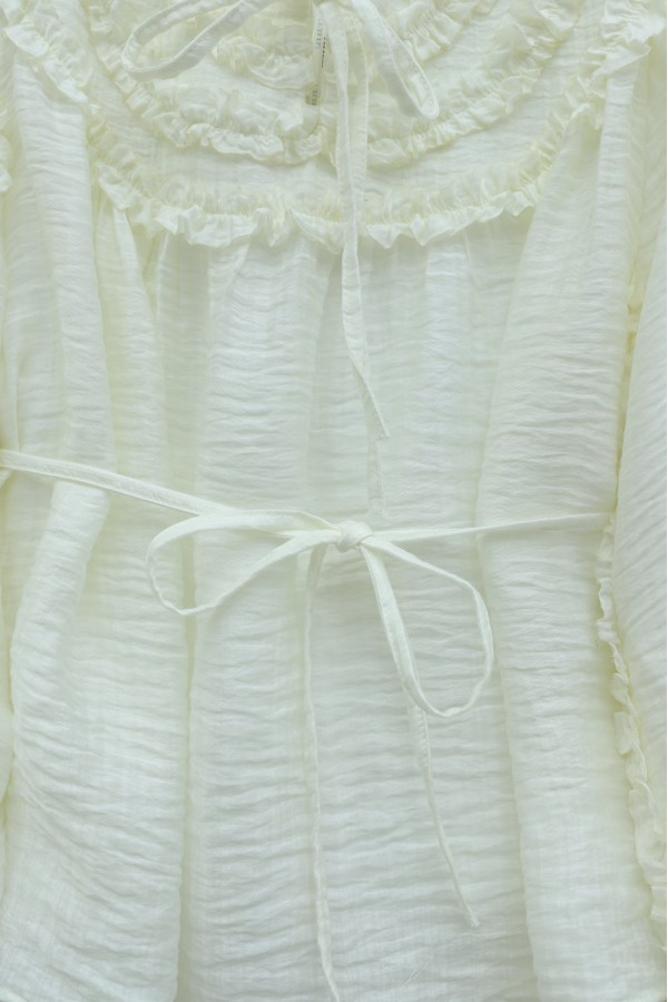 Cupra Suit with Tie Collar, Belt, Lined, and Ruffles -Ecru