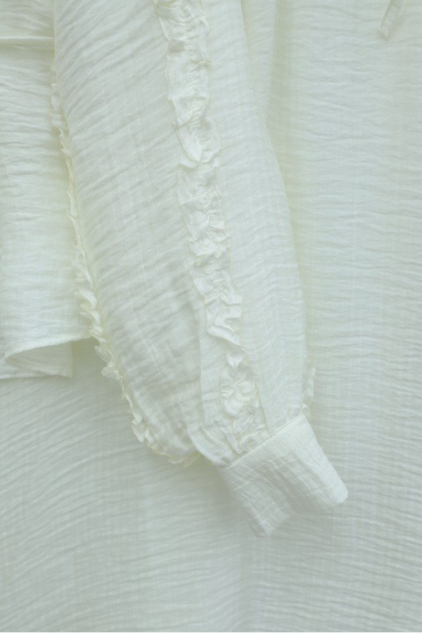 Cupra Suit with Tie Collar, Belt, Lined, and Ruffles -Ecru