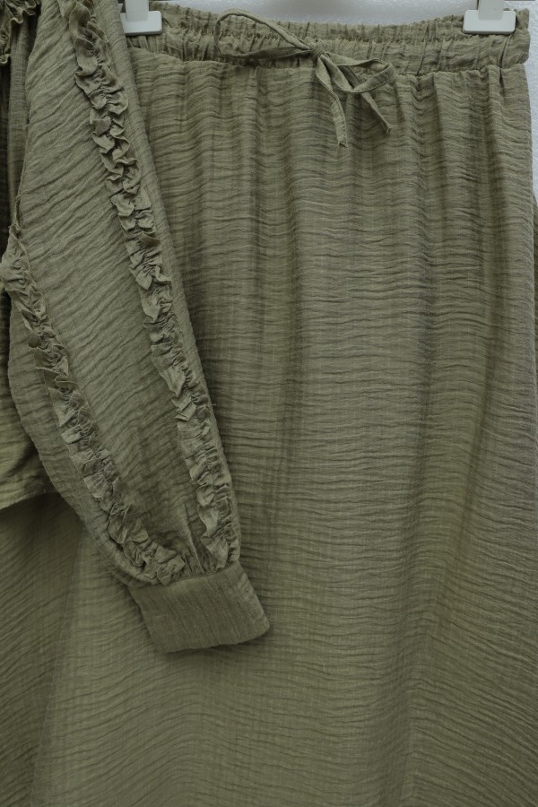 Cupra Suit with Tie Collar, Belt, Lined, and Ruffles -Oil Green