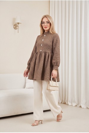 Front Stoned Button Detailed Pieced Back Zippered Tunic -Light coffee