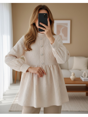 Önü Taşlı Düğme Detaylı Parçalı Arkası Fermuarlı Tunik -Bej