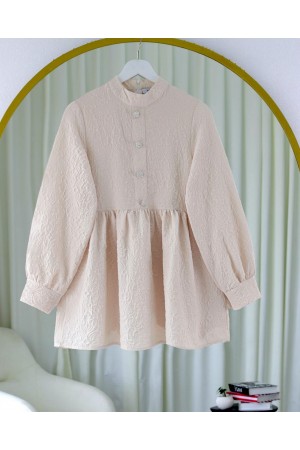 Front Stoned Button Detailed Pieced Back Zippered Tunic - Beige