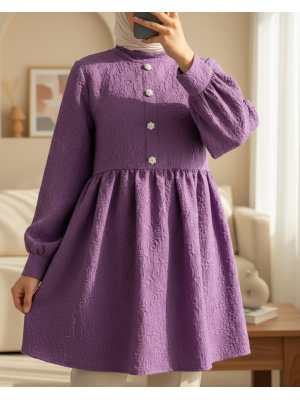 Önü Taşlı Düğme Detaylı Parçalı Arkası Fermuarlı Tunik -Mor