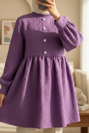 Front Stoned Button Detailed Pieced Back Zippered Tunic - Purple