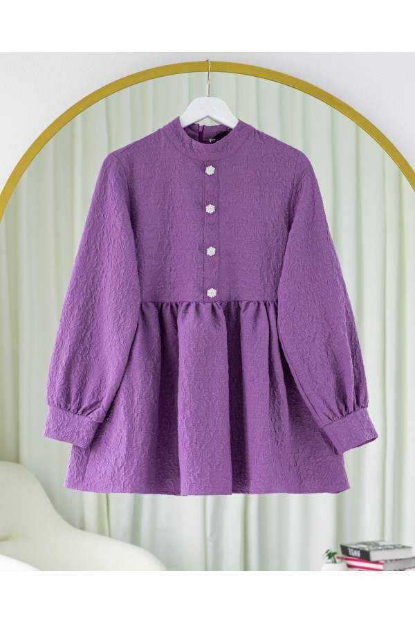 Front Stoned Button Detailed Pieced Back Zippered Tunic - Purple
